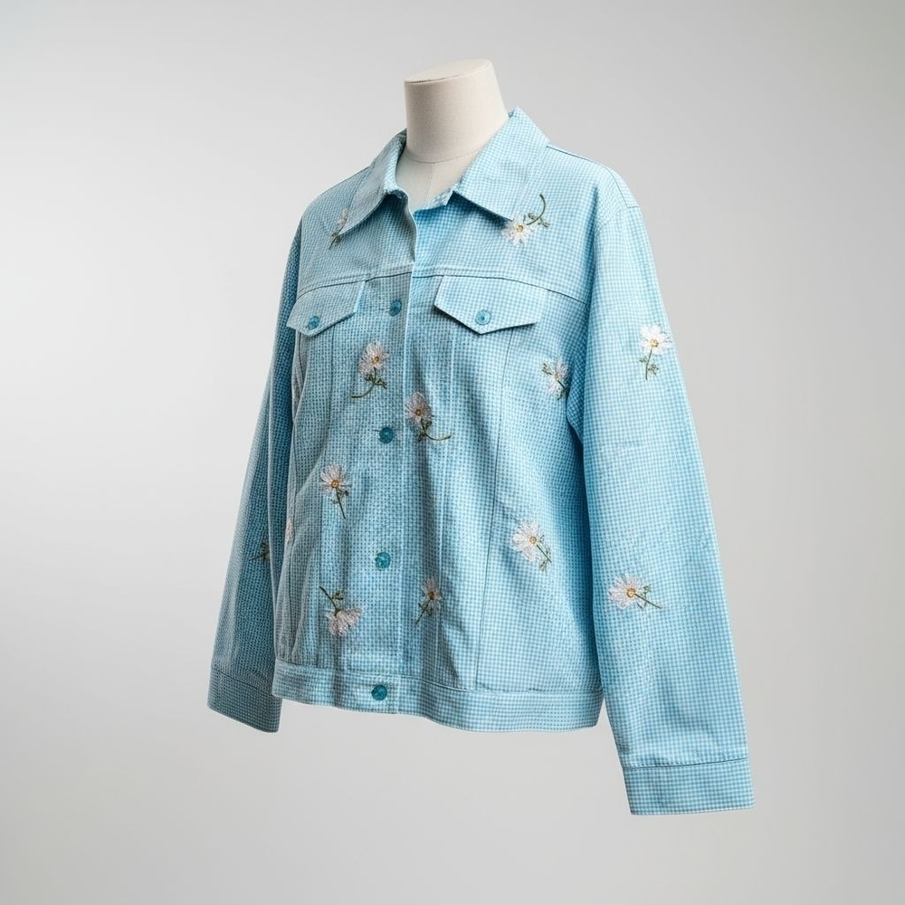 The Quacker Factory Blue Gingham Embroidered Daisy Jacket Button Covers Med Flaw